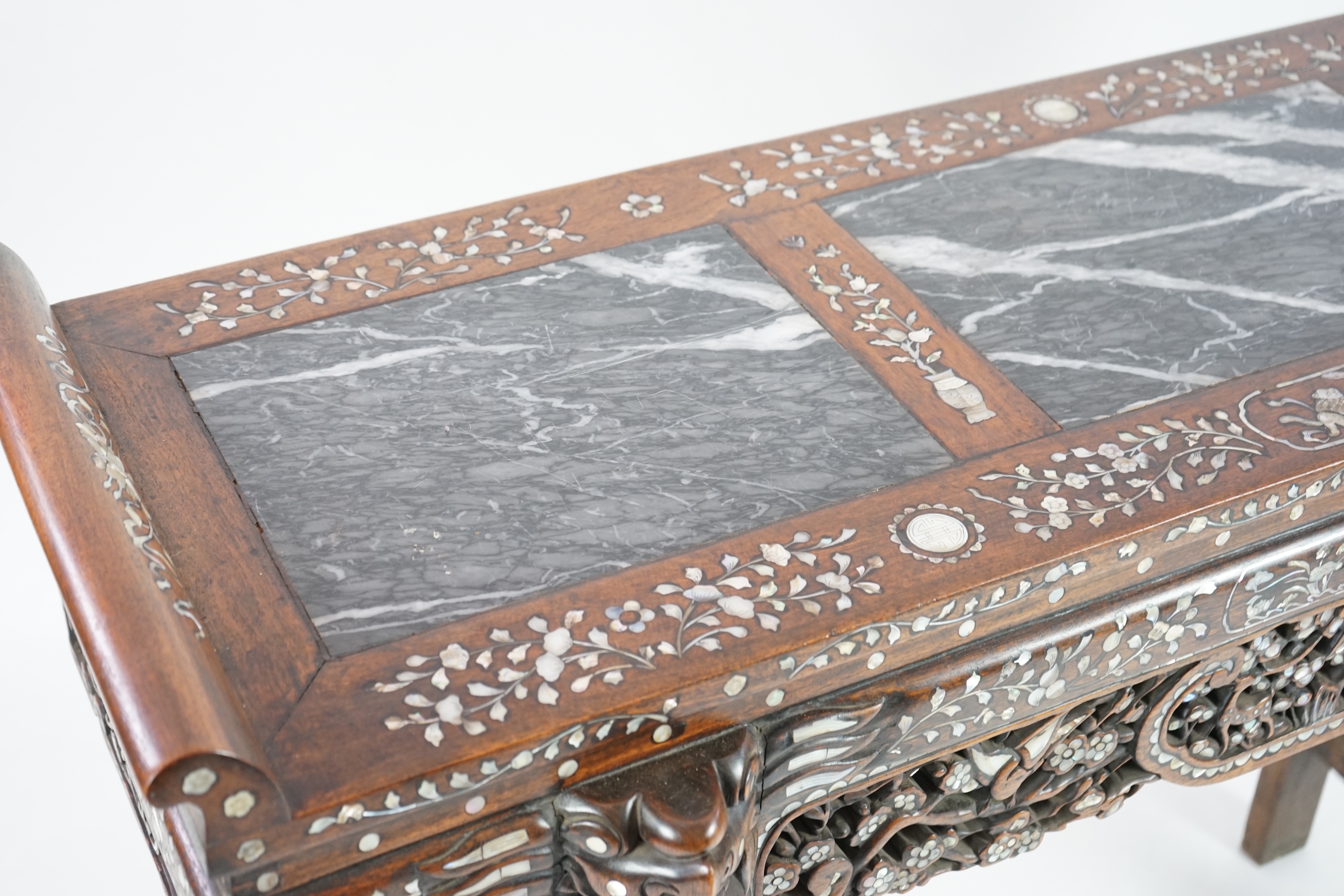 A good Chinese mother-of-pearl inlaid and marble topped hongmu altar table, late 19th/early 20th century